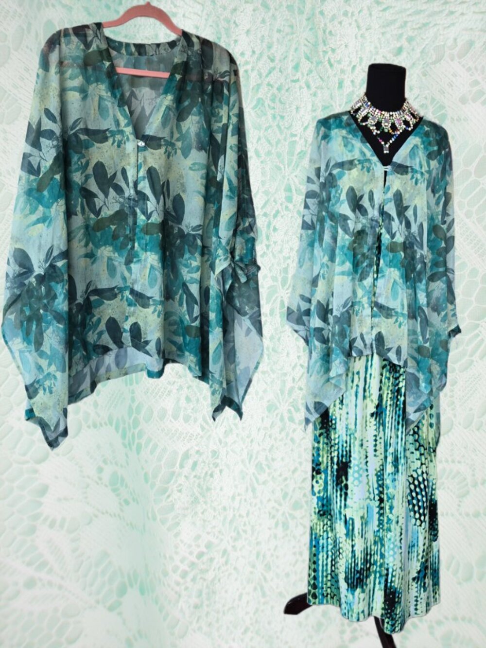 Simply Noelle Dainty Leaf Print Chiffon Kimono Cover Up Sheer Airy Duster Boho